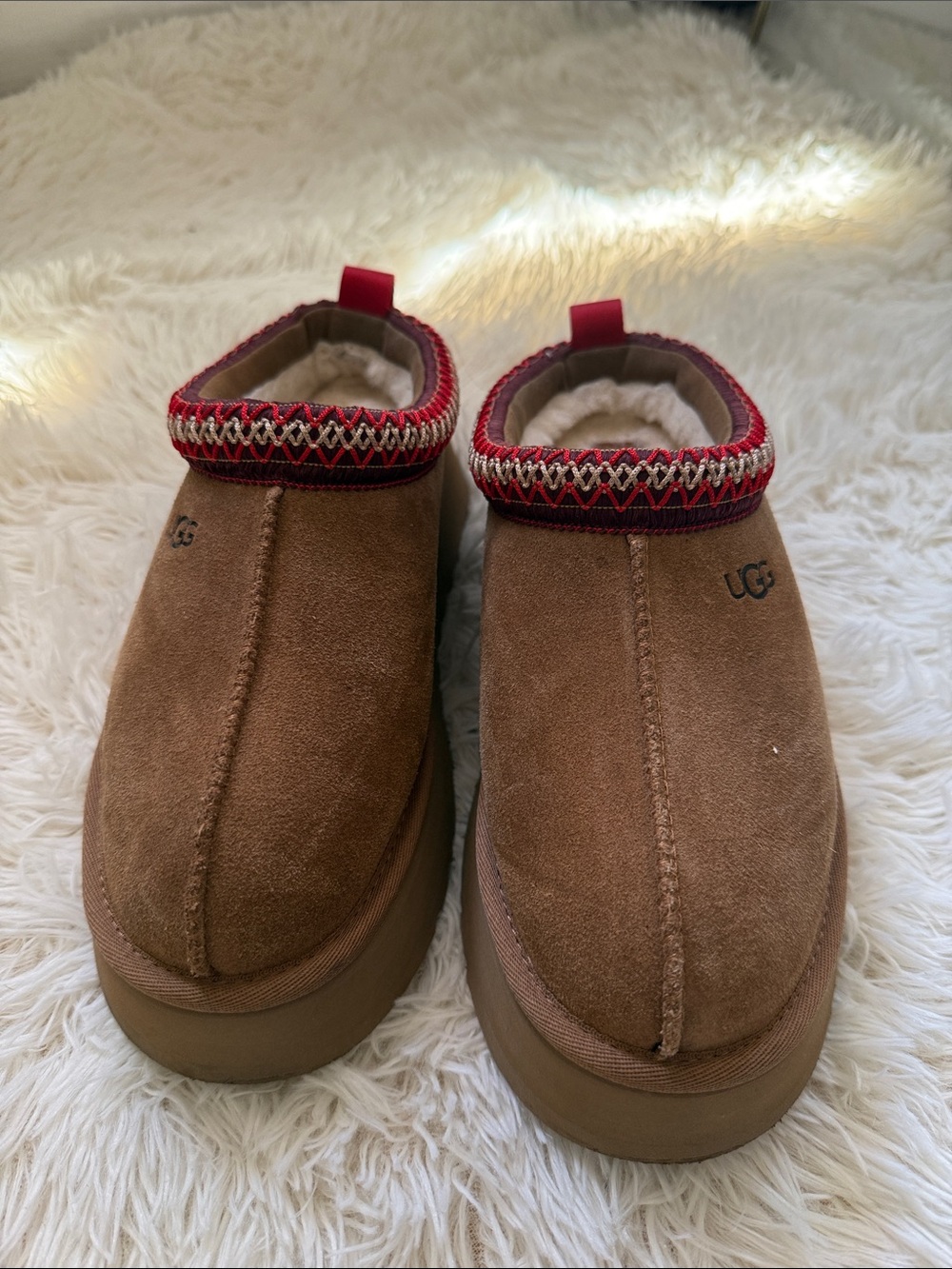 UGG Chestnut Suede Shearling Clog with Red Trim